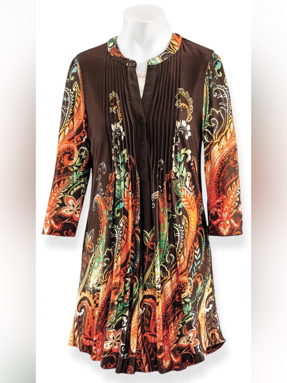SERENGETI XL Stretch Pintuck Paisley Print Fall Colors Brown Orange Green Yellow